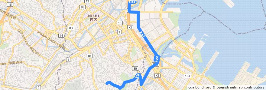 Mapa del recorrido 89ぶらり野毛山動物園BUS　横浜駅前 => 一本松小学校前 de la línea  en Ниси.