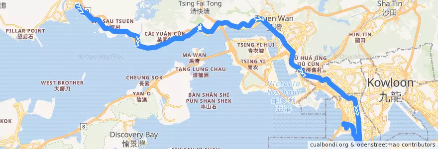 Mapa del recorrido 九巴261B線 KMB 261B (三聖 Sam Shing → 九龍站 Kowloon Station) de la línea  en New Territories.