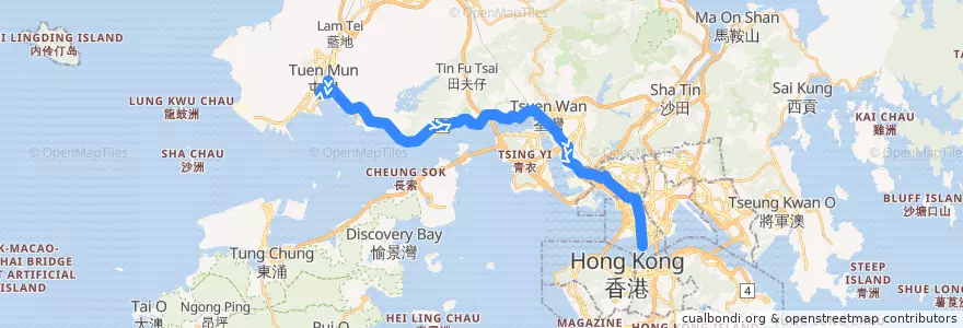 Mapa del recorrido 九巴260B線 KMB 260B (屯門市中心 Tuen Mun Central → 尖沙咀 Tsim Sha Tsui) de la línea  en Nuevos Territorios.