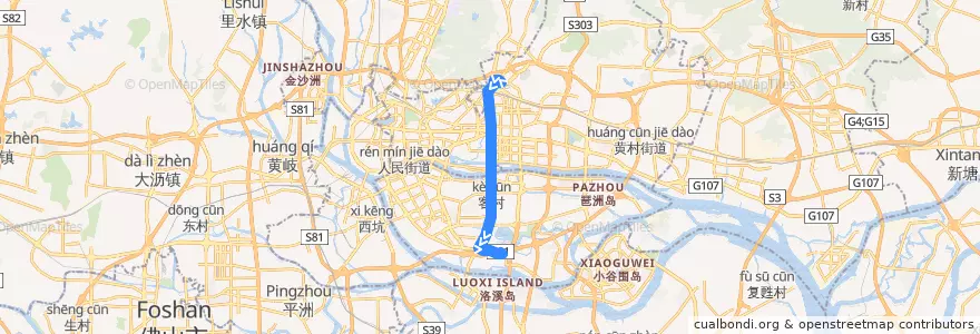 Mapa del recorrido 51A路(天平架总站-沥滘总站) de la línea  en 広州市.