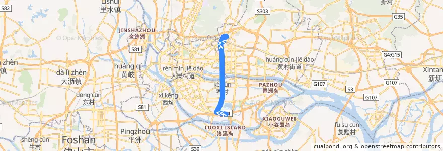Mapa del recorrido 51A路(沥滘总站-天平架总站) de la línea  en Guangzhou City.