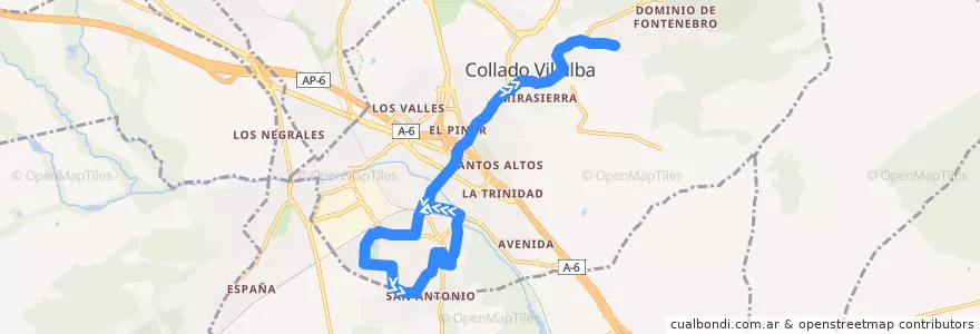Mapa del recorrido Bus Lanzadera 1: FFCC-P. Coruña-FFCC-Mirador de la línea  en Cuenca del Guadarrama.