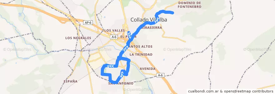 Mapa del recorrido Bus Lanzadera 2: Guardia Civil-FFCC-P. Coruña-FFCC-Mirador de la línea  en Cuenca del Guadarrama.