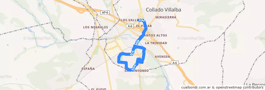 Mapa del recorrido Bus Lanzadera 4: CC Los Valles-FFCC-P. Coruña-FFCC-Zoco de la línea  en Cuenca del Guadarrama.