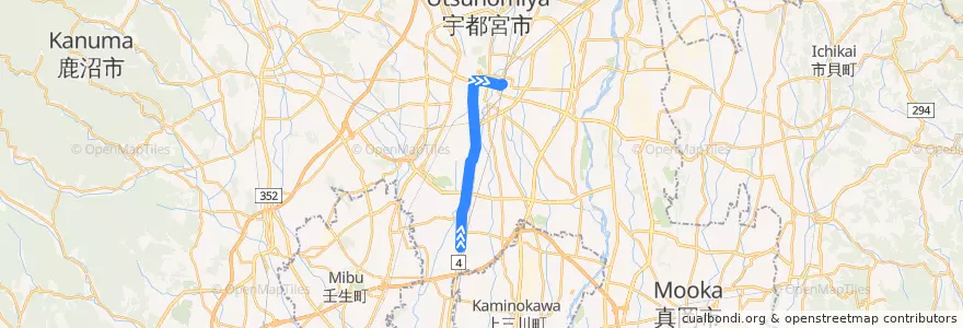 Mapa del recorrido 関東自動車バス[01] 雀宮陸上自衛隊⇒宇都宮駅 de la línea  en Utsunomiya.