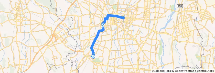Mapa del recorrido 西川田東⇒六道⇒宇都宮駅 de la línea  en 宇都宮市.
