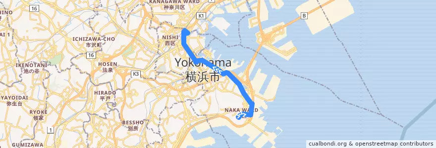 Mapa del recorrido ぶらり三渓園BUS　三渓園 => 横浜駅前 de la línea  en 요코하마시.