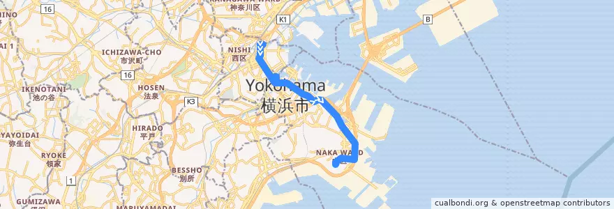 Mapa del recorrido ぶらり三渓園BUS　横浜駅前 => 三渓園 de la línea  en Yokohama.