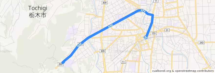 Mapa del recorrido 関東自動車バス 栃木駅⇒倭町⇒国学院 de la línea  en Tochigi.