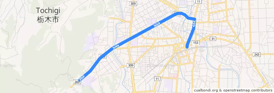 Mapa del recorrido 関東自動車バス 国学院⇒倭町⇒栃木駅 de la línea  en Tochigi.