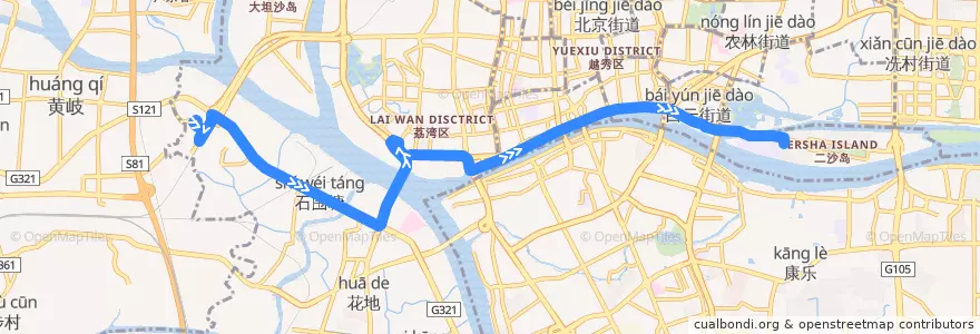 Mapa del recorrido 57路(滘口客运站总站-二沙岛西总站) de la línea  en 广州市.