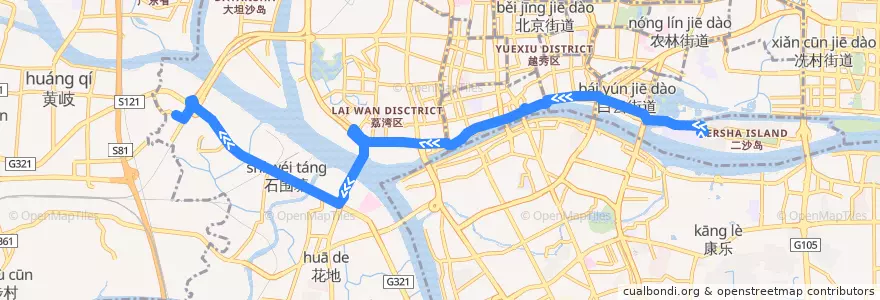Mapa del recorrido 57路(二沙岛西总站-滘口客运站总站) de la línea  en Guangzhou City.