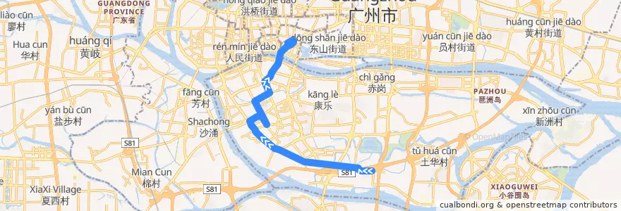 Mapa del recorrido 59路(沥滘总站-白云路总站) de la línea  en Haizhu District.