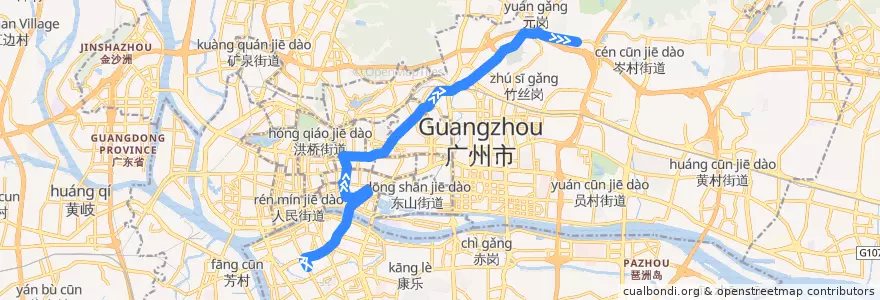 Mapa del recorrido 65路(宝岗大道总站-乐意居花园总站) de la línea  en Guangzhou City.
