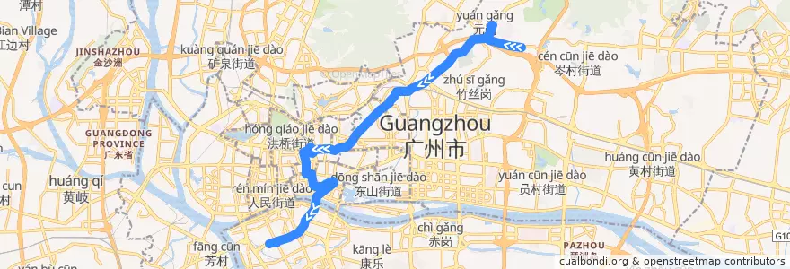 Mapa del recorrido 65路(乐意居花园总站-宝岗大道总站) de la línea  en Гуанчжоу.