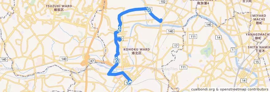 Mapa del recorrido 新羽線 新横浜駅 => 綱島駅 de la línea  en Кохоку.