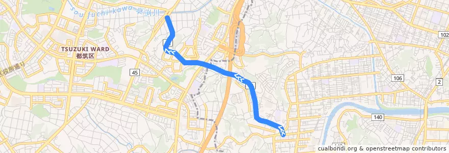 Mapa del recorrido 新羽線 de la línea  en 요코하마시.