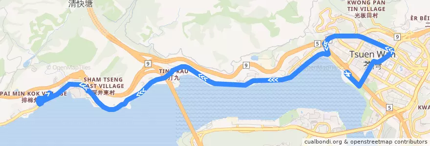 Mapa del recorrido 九巴234B線 KMB 234B (荃灣西站 Tsuen Wan West Station → 浪翠園 Sea Crest Villa) de la línea  en 荃灣區 Tsuen Wan District.