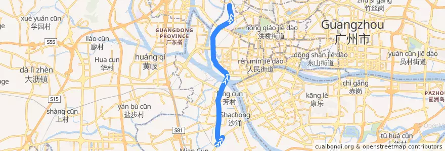 Mapa del recorrido 71路[芳村西塱总站-西湾路(唐宁花园)总站] de la línea  en 荔湾区.