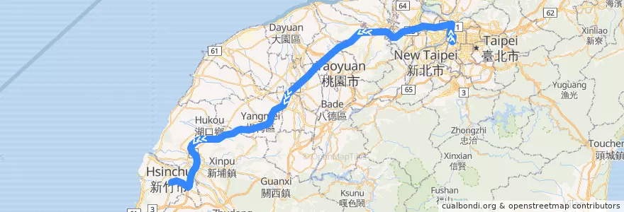 Mapa del recorrido 9003 臺北市-國道1號高速公路-新竹市 (往程) de la línea  en Taiwán.