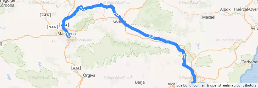 Mapa del recorrido Granada - Almeria de la línea  en Andalucía.