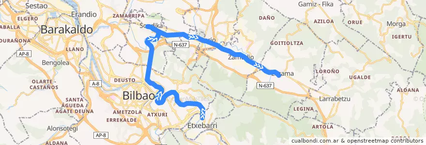 Mapa del recorrido E3 (Kukullaga → Lezama) de la línea  en Bilboaldea.