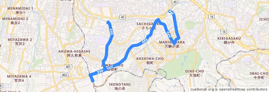 Mapa del recorrido 旭88: 二俣川駅南口 → 希望ヶ丘駅 de la línea  en 旭区.