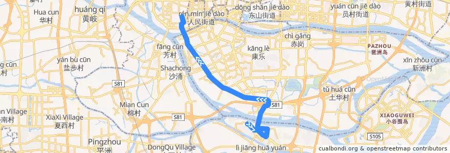 Mapa del recorrido 79路[洛溪新城(五湖四海渔人码头)总站-德星路(上下九步行街)总站] de la línea  en Guangzhou City.