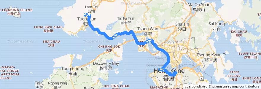 Mapa del recorrido 過海隧巴960線 Cross-harbour Bus 960 (建生 Kin Sang → 灣仔北 Wan Chai North (不經良景及大興 omit Leung King & Tai Hing)) de la línea  en New Territories.