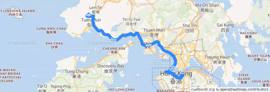 Mapa del recorrido 過海隧巴960線 Cross-harbour Bus 960 (建生 Kin Sang → 灣仔北 Wan Chai North (不經大興 omit Tai Hing)) de la línea  en Nuevos Territorios.