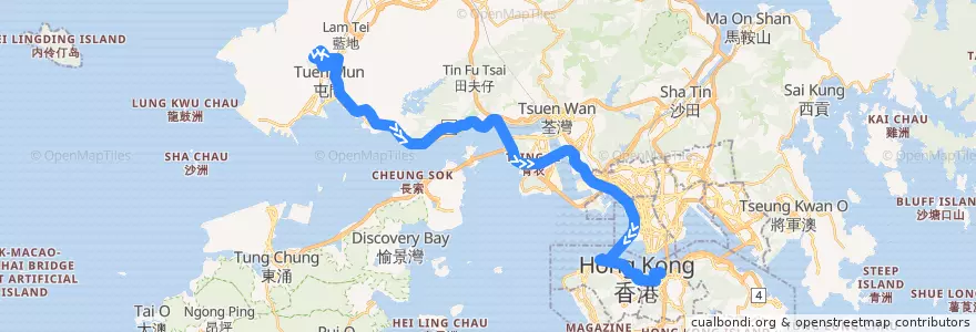 Mapa del recorrido 過海隧巴960線 Cross-harbour Bus 960 (建生 Kin Sang → 灣仔北 Wan Chai North) de la línea  en Novos Territórios.