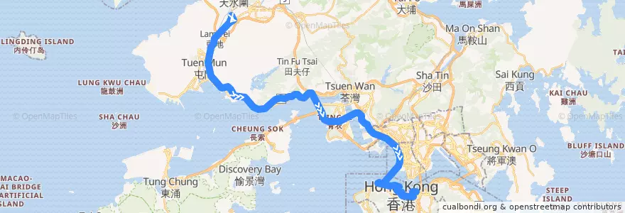 Mapa del recorrido 過海隧巴960P線 Cross-harbour Bus 960 (洪水橋（洪元路） Hung Shui Kiu (Hung Yuen Road) → 灣仔北 Wan Chai North) de la línea  en Nuevos Territorios.