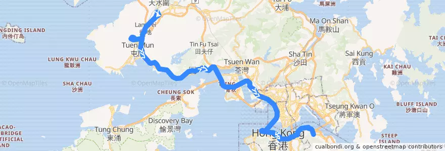 Mapa del recorrido 過海隧巴960X線 Cross-harbour Bus 960 (洪水橋（洪元路） Hung Shui Kiu (Hung Yuen Road) → 鰂魚涌 Quarry Bay) de la línea  en 新界.