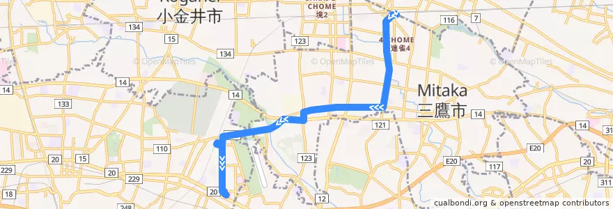 Mapa del recorrido Bus 鷹52 三鷹駅->榊原記念病院 de la línea  en 東京都.