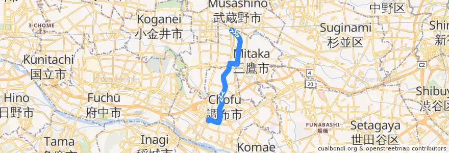 Mapa del recorrido Bus 鷹66 三鷹駅->調布駅北口 de la línea  en 東京都.
