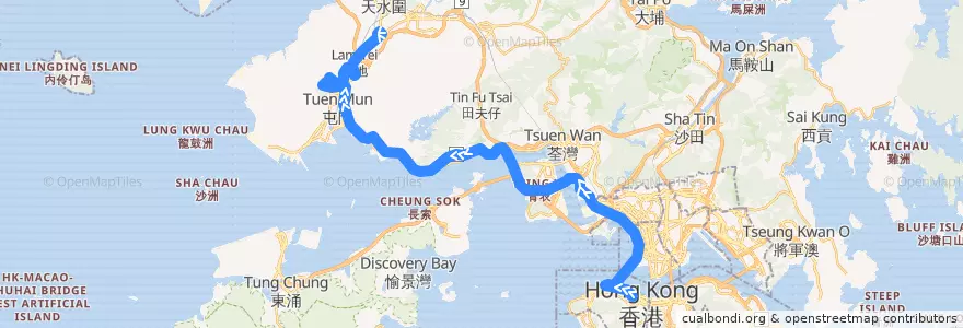 Mapa del recorrido 過海隧巴960A線 Cross-harbour Bus 960 (中環 Central → 洪水橋（洪福邨） Hung Shui Kiu (Hung Fuk Estate)) de la línea  en 新界.