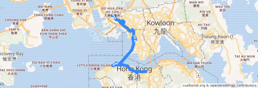 Mapa del recorrido 過海隧巴905P線 Cross-harbour Bus 905 (荔枝角 Lai Chi Kok → 灣仔（港灣道） Wan Chai (Harbour Road)) de la línea  en Nouveaux Territoires.