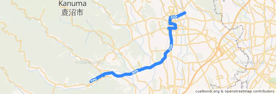 Mapa del recorrido 鹿沼市リーバス口粟野線 口粟野車庫⇒鹿沼駅 de la línea  en Kanuma.