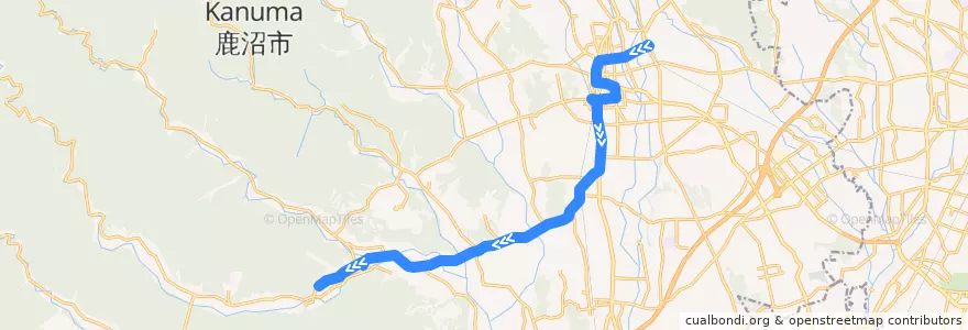 Mapa del recorrido 鹿沼市リーバス口粟野線 鹿沼駅⇒口粟野車庫 de la línea  en Kanuma.