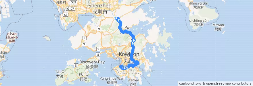 Mapa del recorrido 過海隧巴373線 Cross-harbour Bus 373 (上水 Sheung Shui → 中環碼頭 Central Piers) de la línea  en Nuevos Territorios.