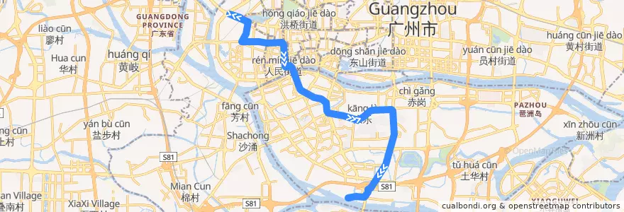 Mapa del recorrido 88路(西场总站-沥滘路西总站) de la línea  en Гуанчжоу.