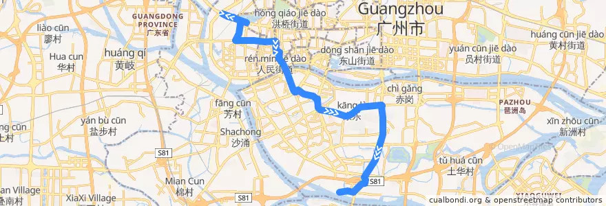 Mapa del recorrido 88路(沥滘路西总站-西场总站) de la línea  en Guangzhou City.