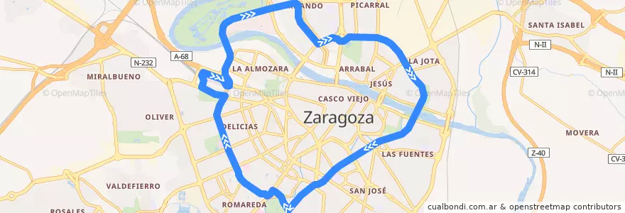 Mapa del recorrido Bus Ci1: Circular 1 de la línea  en 萨拉戈萨.