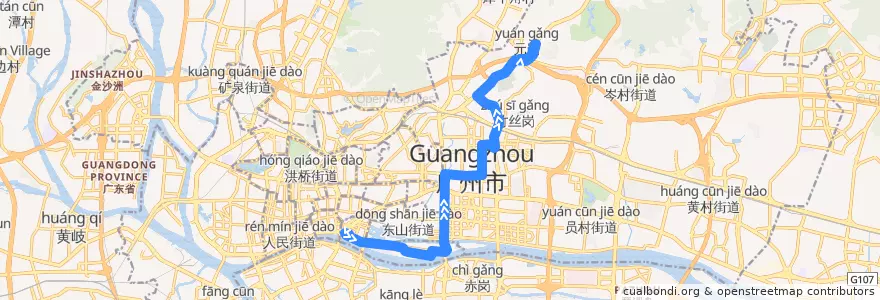 Mapa del recorrido 89路(大沙头总站-天河客运站总站) de la línea  en Гуанчжоу.
