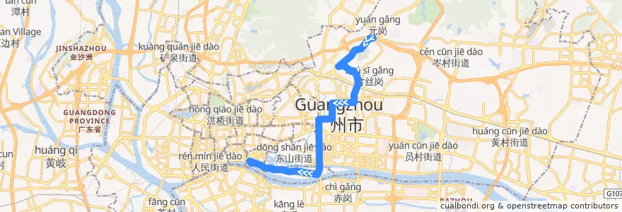 Mapa del recorrido 89路(天河客运站总站-大沙头总站) de la línea  en Гуанчжоу.