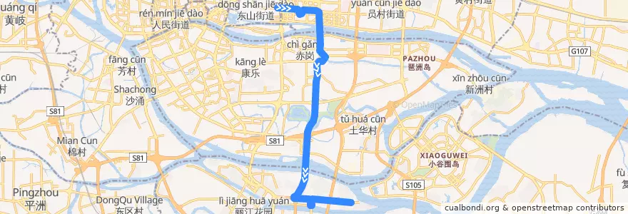 Mapa del recorrido 90路(五羊新城总站-沙溪大道东总站) de la línea  en Гуанчжоу.