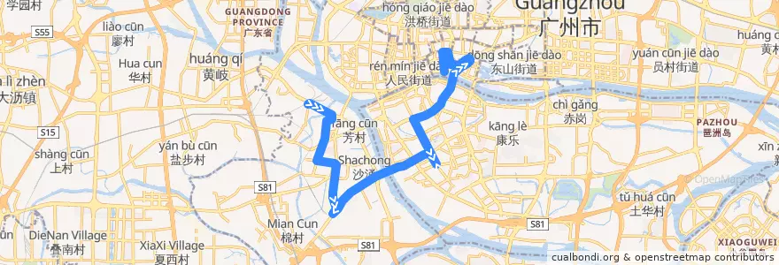 Mapa del recorrido 91路(南方茶叶市场总站-珠光路总站) de la línea  en 広州市.