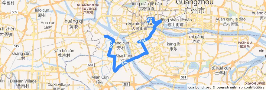 Mapa del recorrido 91路(珠光路总站-南方茶叶市场总站) de la línea  en 広州市.