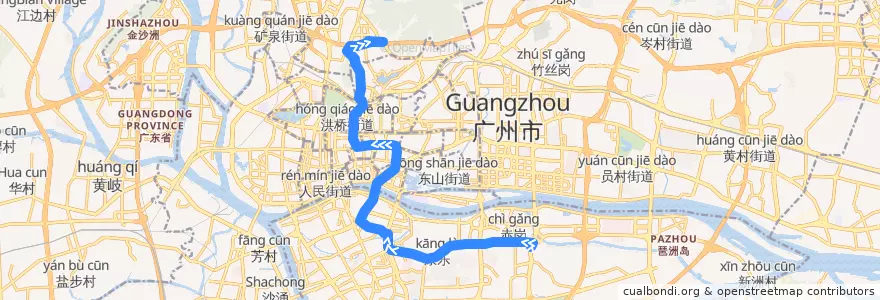 Mapa del recorrido 93路(赤岗总站-景泰坑总站) de la línea  en Guangzhou.