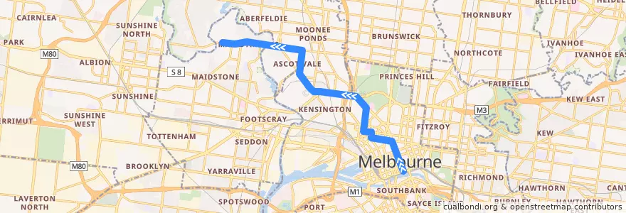 Mapa del recorrido Tram 57: Flinders Street railway station => West Maribyrnong de la línea  en ولاية فيكتوريا.